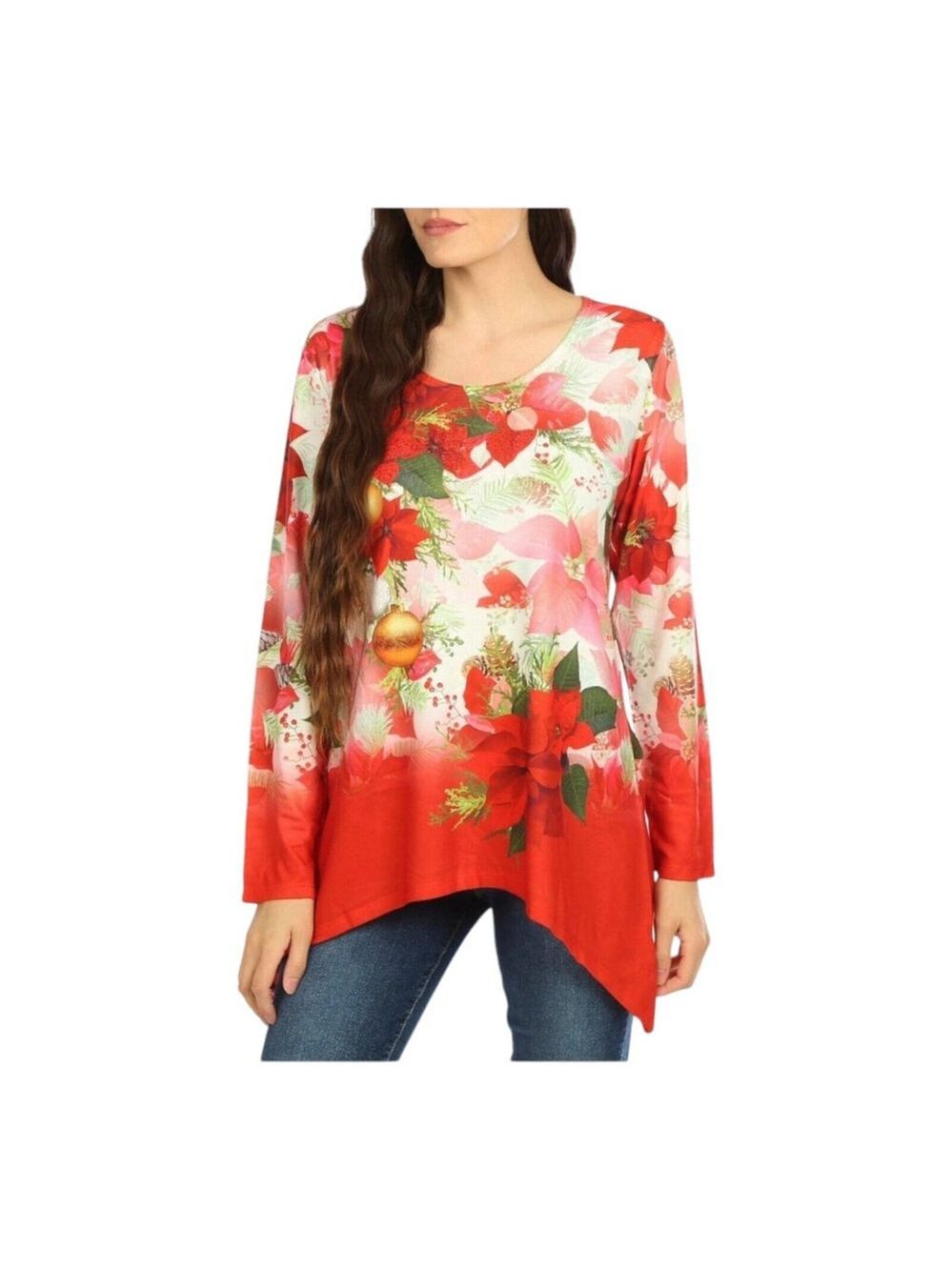 One World Poinsettia Garden Knit Tunic 1X Asymmetrical Hem Christmas Shirt